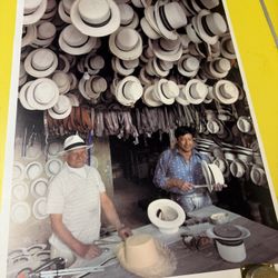 Corbis Archive Poster Two Men Selling Panama Hats And Butcher Vendor