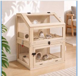 -Tier Wooden Hamster Cage, 28"T Detachable Acrylic Habitat with Top Access