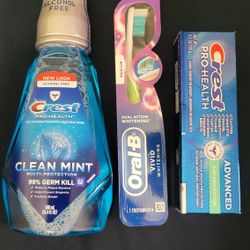 CREST PRO-HEALTH  Mouthwash CLEAN MINT (16.9oz), Oral-B Toothbrush, & Crest Advanced (3.5oz) For $7/$7 Por Los 3