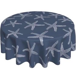 Nautical Coastal Tablecloth 70 Inch Round Navy Blue Starfish Table Cloth Summer Beach Ocean Decorations Stain Resistance Polyester Round Table Cover f