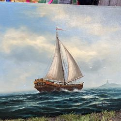 Original boat oil painting John Terrion boat painting