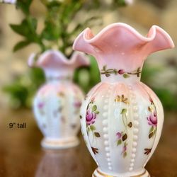 Fenton Milk Glass Pink Flower Vases (2)