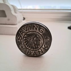 Vintage Antique Tin 1.5" Embossed Indian Head "push apart" Pocket Savings Bank....asking $20.00