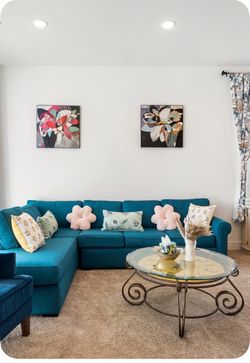 🛋️ Large Teal Sectional Sofa + Glass Coffee Table – Moving Sale