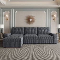 New Large Gray Corduroy Wide 3 Seat Sofa & Ottoman- Solid Wood Frame