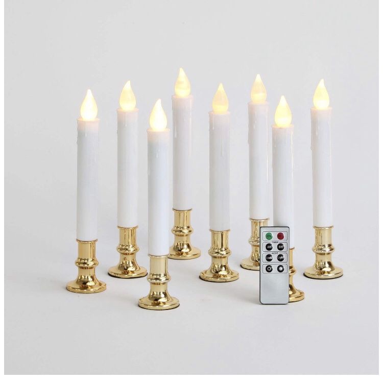 Lamplust white flame less led taper candles gold base 8 pack & remote