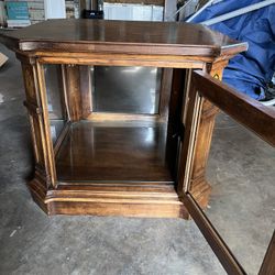 vintage wooden display cabinet or curio end table