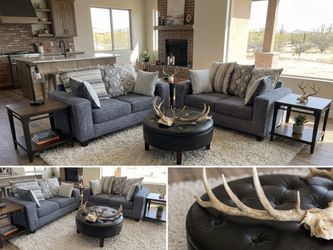 Complete Living Room Set - Blue-Gray Loveseat Pair, Leather Ottoman & End Tables