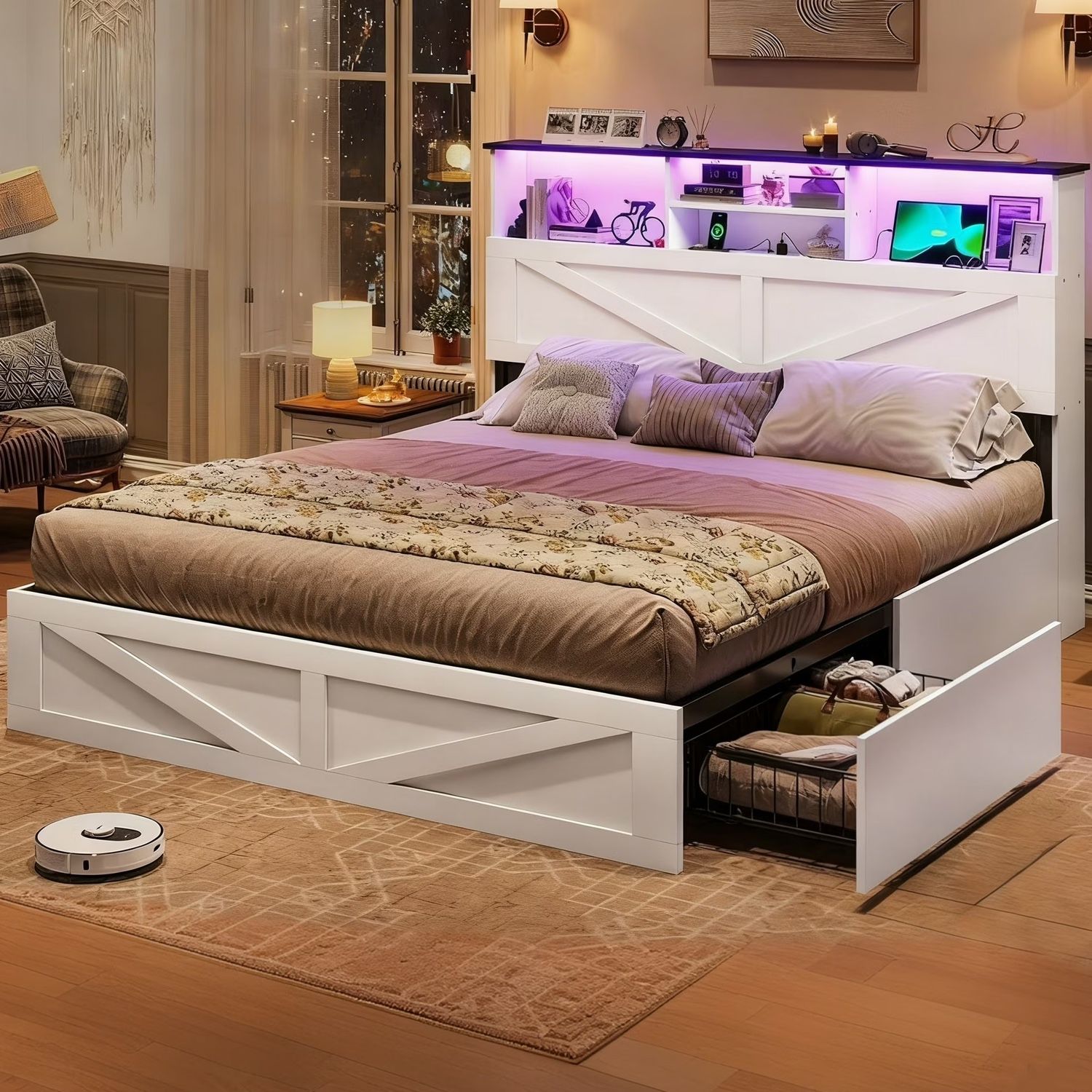 Farmhouse Bed Frame Full Size with Bookcase Headboard & Storage Drawers LED Wooden Platform Bed, White
