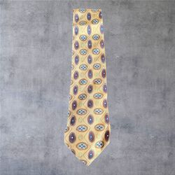 Vintage Coach Silk Tie Mens Yellow Geometric Oval Medallion Retro 90s Necktie