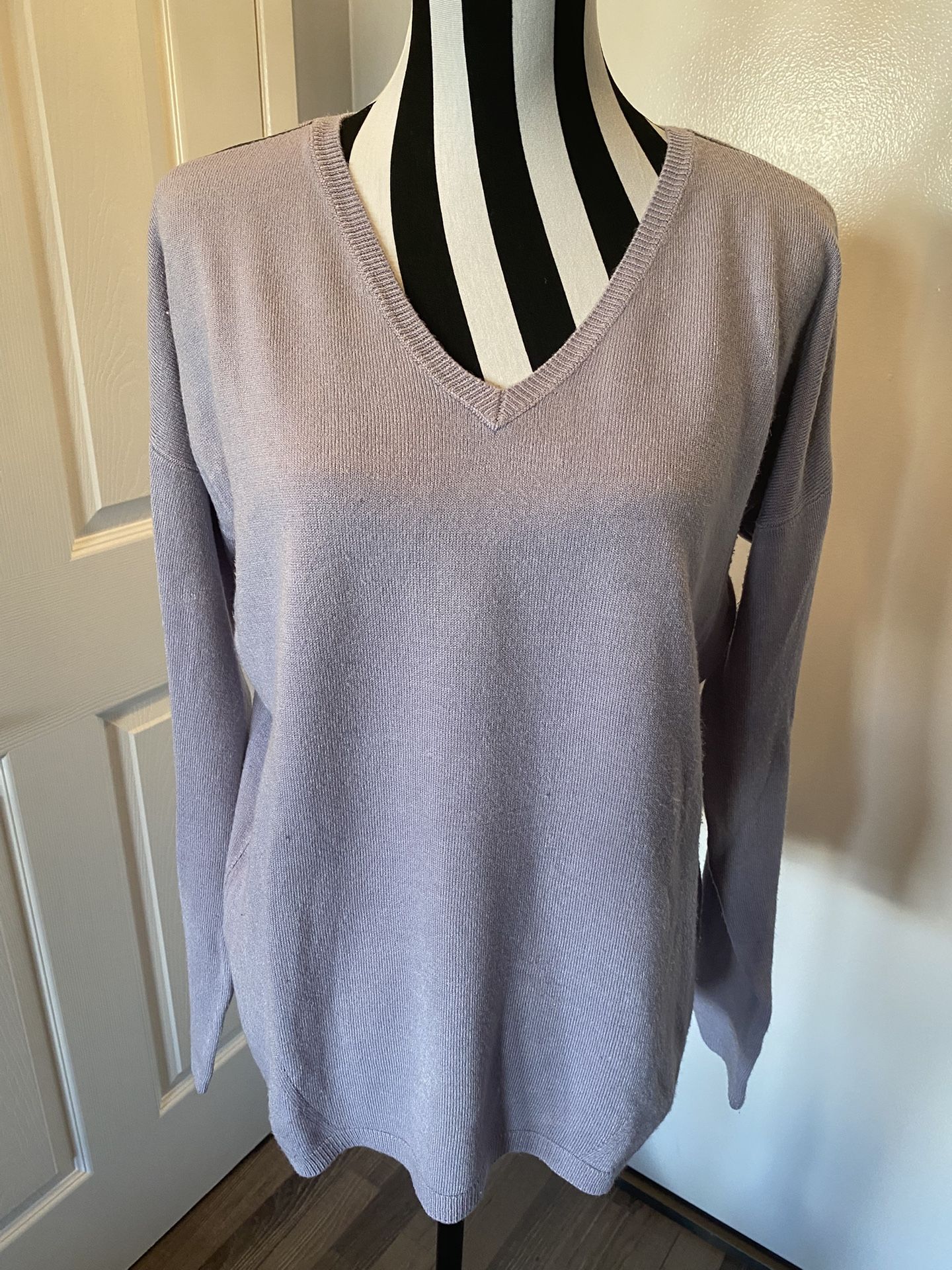 Dusty Lavender Sweater With Grey Stripe On Shoulders