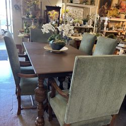 High End Dining Set 6 Chairs Velvet Green Fabric 