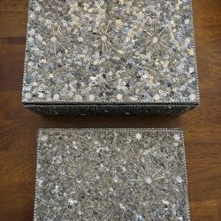 Set of 2 - Hand-made Sequined Jewelry / Storage Wood Boxes - Made in India - NIB