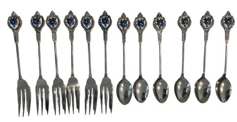 Vintage Japanese Blue Enamel Flower Silver-Plate Dessert Set – 12 Pieces (6 Forks + 6 Spoons)