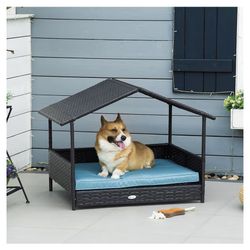 PawHut Wicker Dog House Outdoor with Canopy, Rattan Dog Bed with Water-Resistant Cushion, Raised Pet Bed for Small, Medium Breeds up to 66 Ibs, 20" in