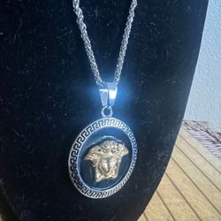 Versace, Black And Silver Medusa Head Pendant Necklace