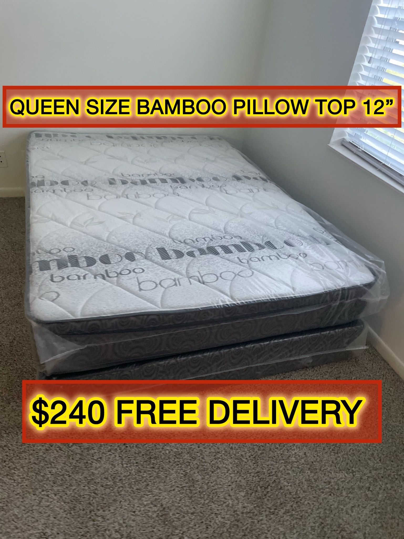 Queen Bamboo mattress pillow top set with box spring (2pc - new)