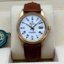 1981 Rolex Oyster Perpetual Date 15037 14k yellow gold 34mm light brown leather band factory skinny white Roman dial yellow gold fluted bezel watch bo