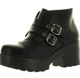 Women Round Toe Buckle Strap Side Zip Platform Chunky Ankle Booties, Black NEW