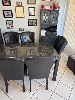 Marble top kitchen table w/ 6 leather chairs