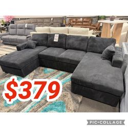 Black corduroy double chaise sectional sofa  // Super Sale !