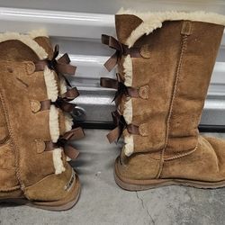 UGG Bailey Triple Bow Suede Brown Chesnut Fur Winter Tall Boots Women's Size  6
