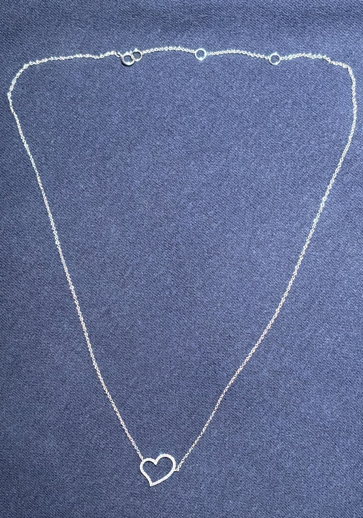 14K 585 WHITE GOLD HEART PENDANT NECKLACE WITH 35 SMALL DIAMONDS 20” ADJUSTABLE CHAIN