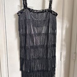 Women Medium 6-8 Black Sequin Fringe Dress
