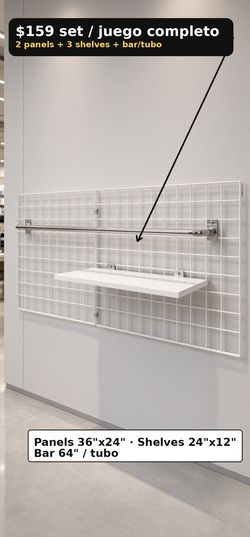 Gridwall Set: 2 Panels + 3 Shelves + Bar – New / Juego Completo – Nuevo