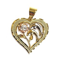 Cubic zirconia flower with dolphins heart pendant 14K REAL YELLOW , WHITE & ROSE GOLD.