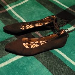 WOMENS FAUX SUEDE LACE UP BALLET FLATS BLACK SIZE 8