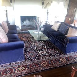 2 Vintage Velvet Blue Sofa Sets 