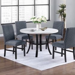 5-PC Round Dining Set, Table With 4 Dining Chairs, Corduroy Chairs Dark Gray, Cozy Casual Sining Set, 48” Round Table For Dining room, Kitchen Furnitu