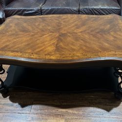 Elegant Wood Coffee Table – Burl Veneer Top with Ornate Base
