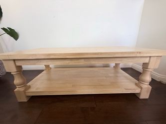 Tuscan Solid Parawood Coffee Table with Shelf, Unfinished, 56" W x 26" D x 19" H, Farmhouse Living Room Furniture