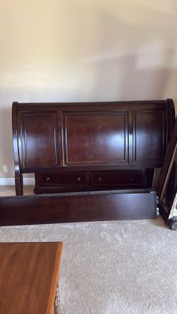King size bed frame. Headboard footboard with 2 drawers, night stand, dresser, mirror