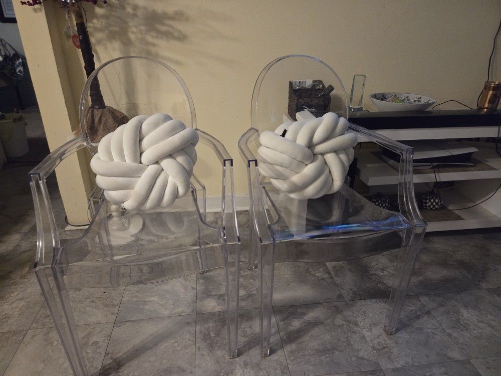 2 Very Nice Clear, Ghost Chairs W/ Pretzel Pillows
