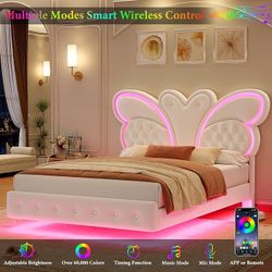 Queen Bed Frame Butterfly-Pattern Upholstered Headboard, Modern Floating Bed with LED Lights Button Tufted on Headboard and Footboard, Slats Support N