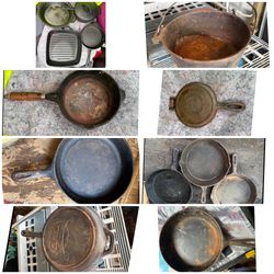 16 piece cast iron skillets, pots, lids, griddle ect. Wagner Sidney skillets