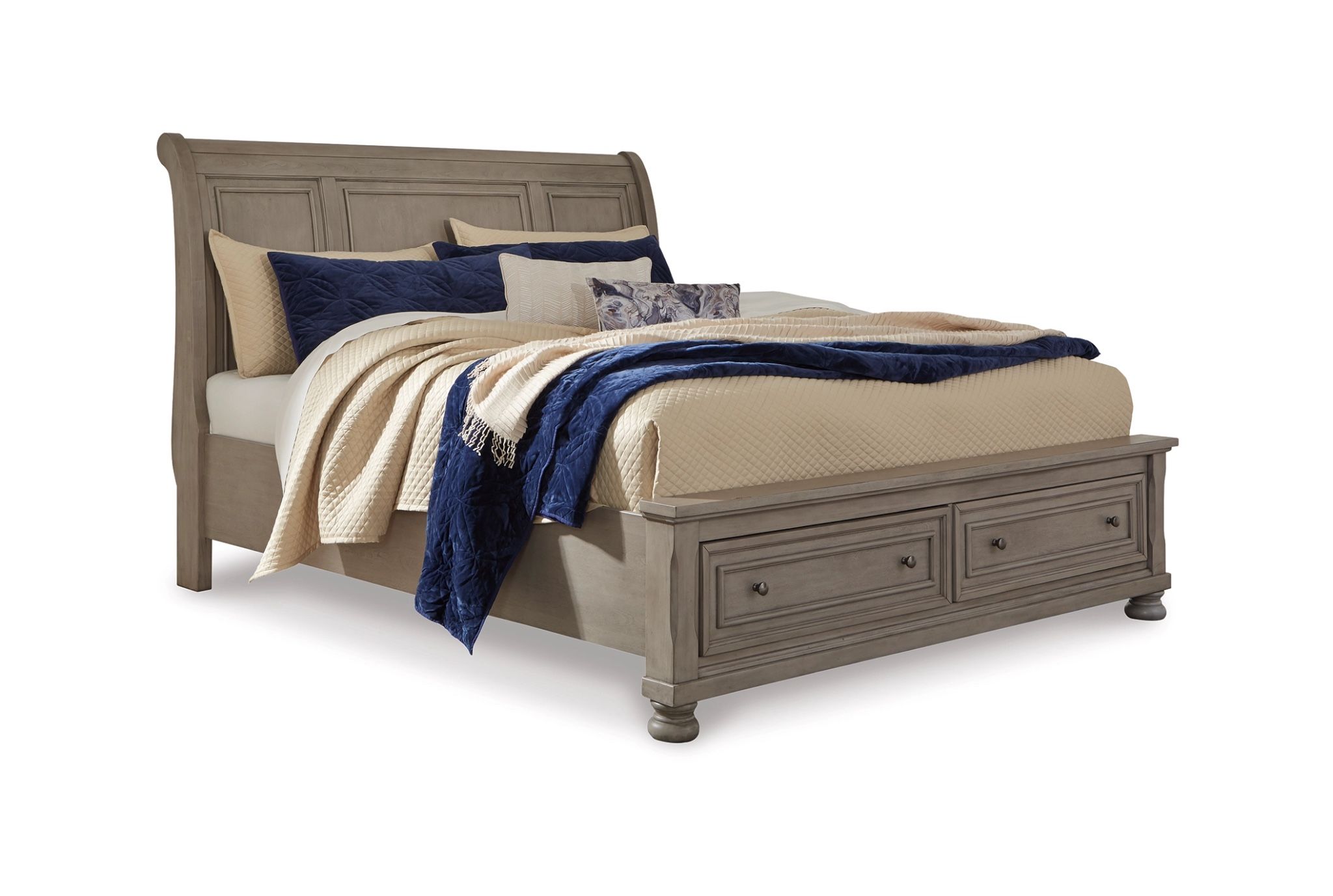 California King Light Gray Sleigh Bed with 2 Storage Drawers