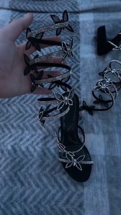 Black Rhinestone Butterfly Wrap Heels