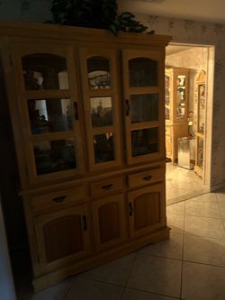 Traditional Light Oak 3-Door China Cabinet & Hutch