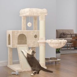 36 in Cat Tower with Scratching Posts, Soft Plush Cat Climbing Tower for Kittens, Beige
