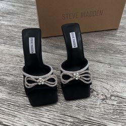 Steve Madden Black Satin Heels with Crystal Bow Detail 