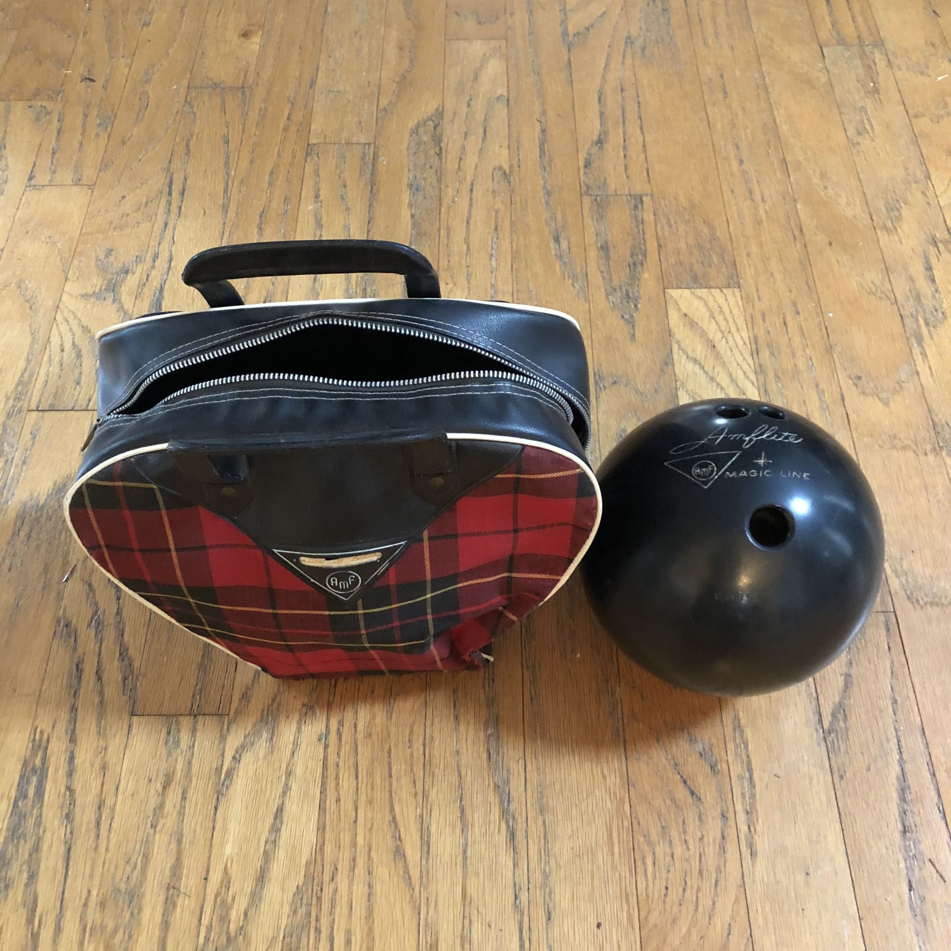 Vintage Irish Plaid AMF Bowling Bag 1950’s with Matching Amflite Magic Line AMF Ball