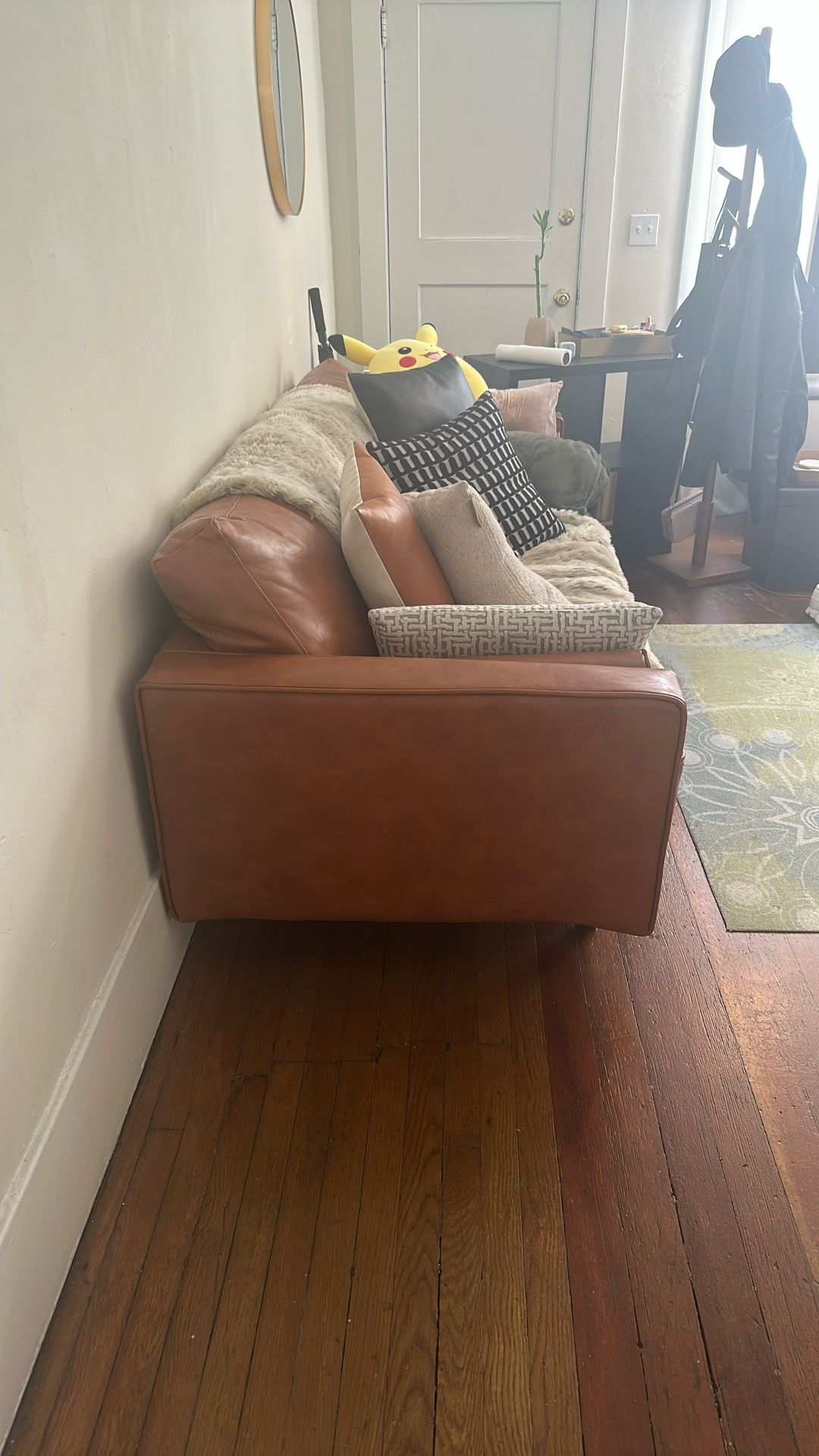 Like new Faux Brown Leather Couch, 7’2”, 86”