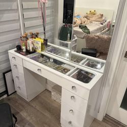 White Vanity Makeup Desk with Glass Top & Tri-Fold Mirror - 9 Drawers