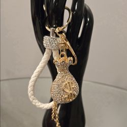 Gold MONEY BAG Keychain Embellished with Rhinestones & Wrist Strap
