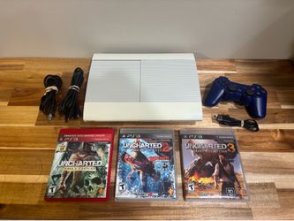 White PS3 Super Slim Videogame Console Bundle (1 Controller, Uncharted 1, 2, & 3, Games & Cords)