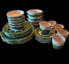 : Vintage Secla Portugal Green Leaf Dish Set (25 Pcs) - Majolica